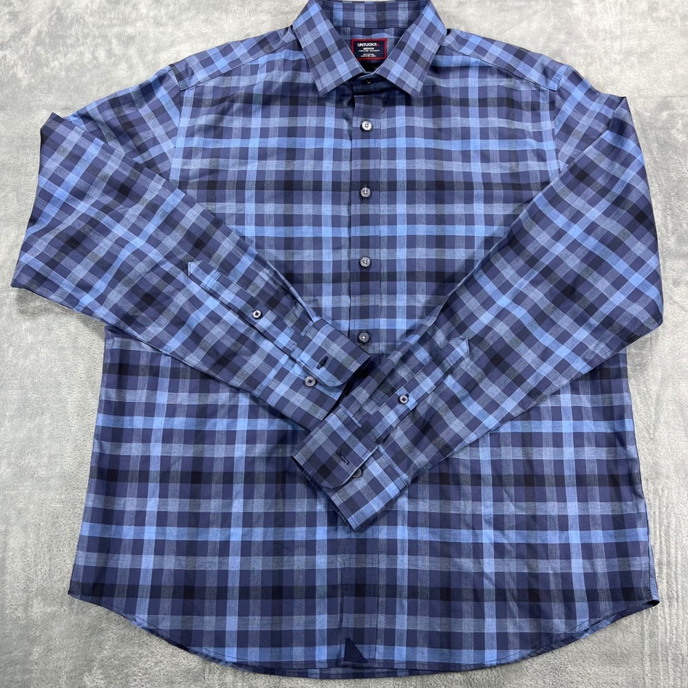 Untuckit Walton-WF Blue Plaid Wrinkle Free Relaxed Fit Shirt Mens Medium 41160